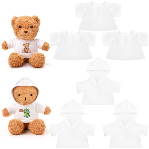 Litherr S 6 Pcs 8-12 Inch Stffed Bear Tshirt and Hoodie Blank Plush Animal Doll Clothes Tshirt for Sulimate DIY Stuffed Doll Outfit