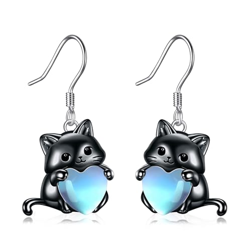 Boucles d'oreilles chat en pierre de lune argent cadeau femme original