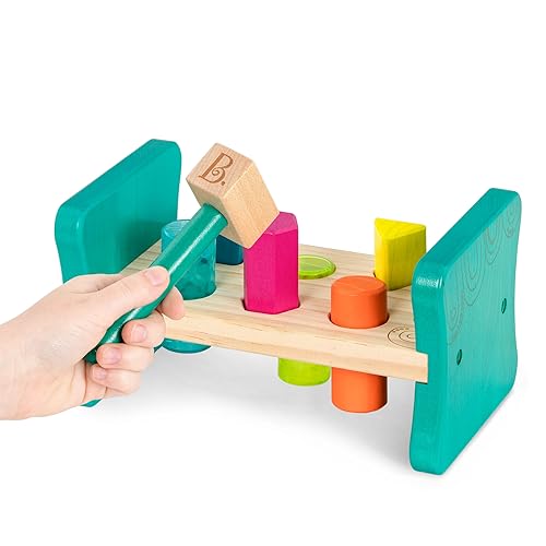 Image of B. toys Wooden Shape Sorter, Colorful Pound & Play | Wooden 8-piece set with 6 colorful shape pegs and toy hammer for sorting, matching, flip-over play, 2+ Years