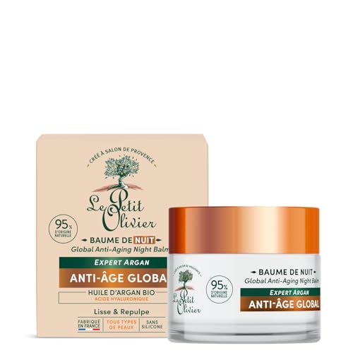 LE PETIT OLIVIER - Baume de Nuit Nourrissant Anti-Âge - Huile d'Argan & Acide Hyaluronique - Lisse & Repulpe - Tous Types De Peaux - 95% D'Origine Naturelle - Fabriqué en France - 50 ml
