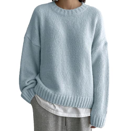 Fuimsul Women Drop Shoulder Crewneck Oversized Fuzzy Knit Sweater Long Sleeve Casual Solid Knitted Chunky Sweater Jumper Teal Blue