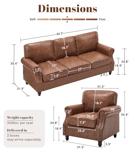 Image of Kingfun Mid-Century Modern Couch, Faux Leather Sofa Set, 3 Seater Couch for Living Room with Rolled arms & Nailhead Trim, Dark Brown