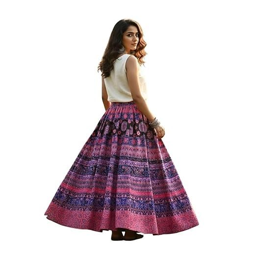 Image of HARSHITA-Enterprises Jaipuri Women's Cotton Printed Elastic Long Skirts