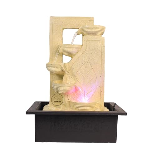 Image of Homvation Cream Resin Tabletop Water Fountain with LED Light | 4-Tier Cascading Waterfall Showpiece for Living Room, Office Desk | Vastu Home Decor Gift