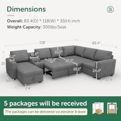 Image of HONBAY Modular Sleeper Sofa with Pull Out Bed, Central Console, Grey