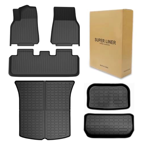SUPER LINER Floor Mats for Tesla Model Y 5-Seat 2021-2023 2024 Custom Fit All Weather TPE Cargo Liner Cargo Trunk Accessories (Does NOT fit 7-Seat)