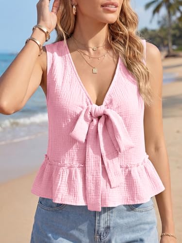 Cicy Bell Womens Babydoll Tank Tops V Neck Bow Tie Front Sleeveless Summer Shirts Sexy Peplum Flowy Flared Tops Pink — view 2