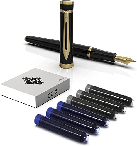Wordsworth & Black Fountain Pen Set, 18K Gilded Medium And Broad Nibs, 6 Ink Cartridges And Refill Converter, Gift Case, Smooth Writing Pens [Black Gold], Perfect For Men And Women #TOP1