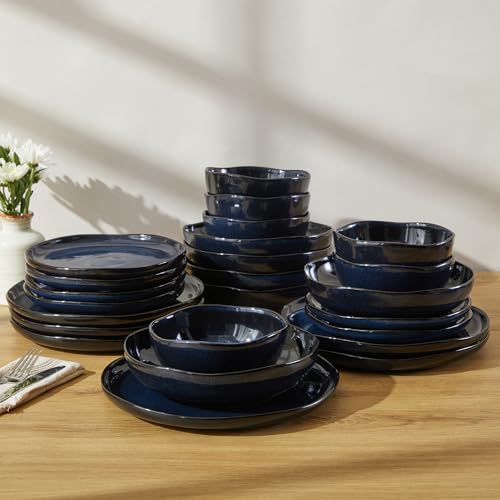 Image of 24 Pieces Dinnerware Set for 6 with Pasta Bowls, Complete Ceramic Dish Set, Stackable & Glossy Stoneware Plate and Bowl Set for Effortless Everyday Hosting, Starry Blue