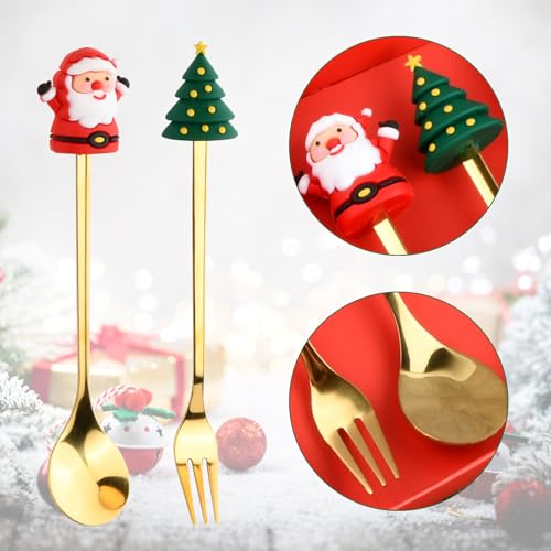 Volumoon Christmas Tableware, 4-Piece Set - Stainless Steel Coffee & Tea Spoons, Dessert & Fruit Forks, Gift Packed - Image 3