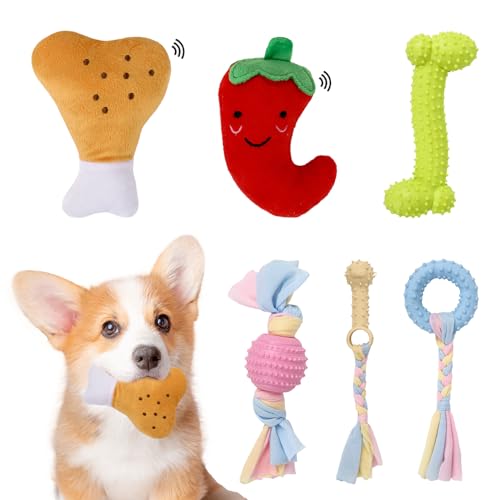 Fadcaer 6 juguetes para cachorros para dentición de perros pequeños, juguetes de cuerda para masticar cachorros, juguetes de peluche chirriantes, juguetes de goma para perros, juguetes interactivos