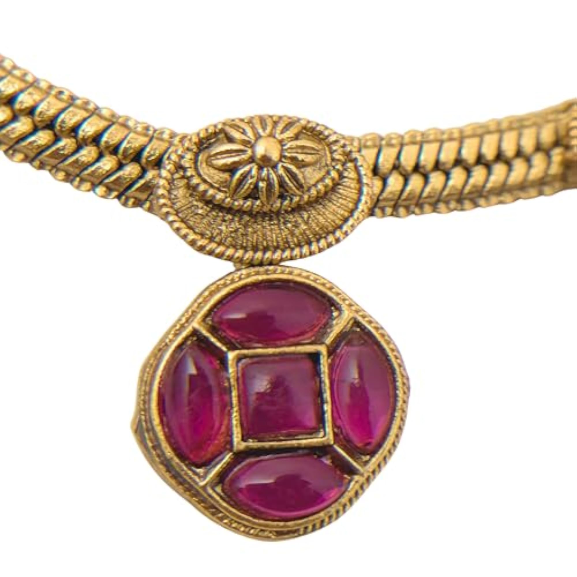 Traditional Gold-Plated Necklace Set with Ruby and Emerald Stones
