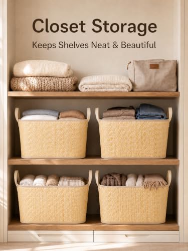 Image of BROWNLILY Oversized Storage Baskets Laundry Hampers with Structured Frame & Supported Bottom, Extra Large Closet Bins for Shelves Blankets Car Bedroom Bathroom Organizers (Pack of 4, Natural)