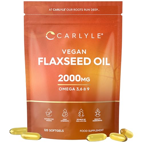Flaxseed Oil Capsules 2000mg | 120 Vegan Softgels | High Strength Supplement with Omega 3 6 & 9 | Cold Pressed | By Carlyle