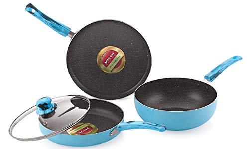 Image of Nirlon Blue Sea 4-Piece Aluminium Non Stick Cookware Gift Set with Glass Lid, Color-Blue (Compatible with All Gas & stovetops Only)