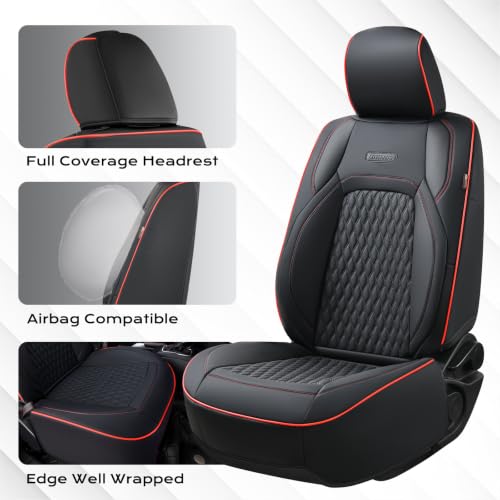 Image of Coverado Front Seat Covers for 2018-2026 Jeep Wrangler, Waterproof Leather Seat Covers Accessories Custom Fit JL 4 Door Car Seat Cover Protector Cushion Full Coverage, Red Line