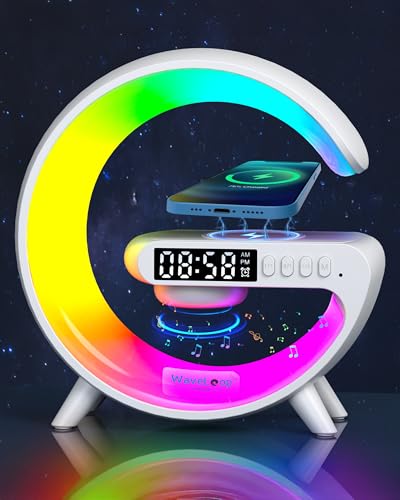 Waveloop Speaker Alarm Clocks for Bedrooms with Wireless Charging and G Bluetooth Speaker Sunrise Wake Up Light RGB Night Lamp 4-Button Bedside Alarm Clock for Bedroom Time Display USB-C