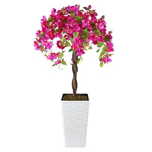Artificial Bougainvillea Tree 4FT, Fake Silk Floral Tree with White Planter, Decorative Topiary Plant, Potted Faux Flower Tree for Home Porch Decor Indoor Outdoor