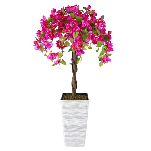 Artificial Bougainvillea Tree 4FT, Fake Silk Floral Tree with White Planter, Decorative Topiary Plant, Potted Faux Flower Tree for Home Porch Decor Indoor Outdoor