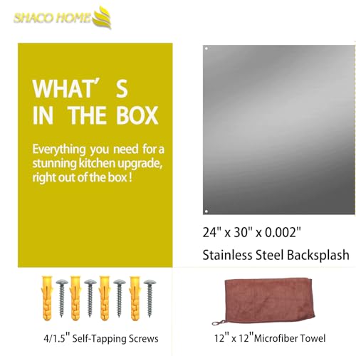 SHACO 24x30 Inch Stainless Steel Backsplash for Stove, Metal Panel Splatter Guard for Stovetop with Pre-drilled Hole, Microfiber Towel and Matching Screw for Easy Installation (30" x 24")