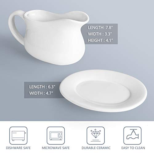 Gonioa 17Oz Porcelain Gravy Boat And Tray With Dripless Lip Spout, Gray Bowl, Gravy Sauce Boat For Turkey, Warming Sauces, Salad Dressings, Milk And More - Microwave And Dishwasher Safe, White #TOP1