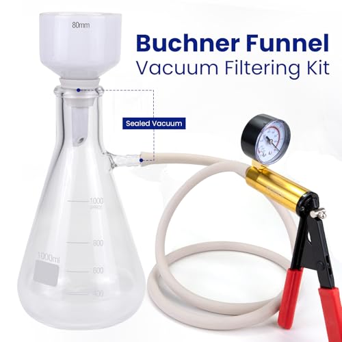 Vakuumfiltrationskit - enthält 1000mL Filterkolben, Handvakuumpumpe, 80 mm Buchner-Trichter, 100 Stück Filterpapiere, Gummischlauch und Stopfen für das Labor