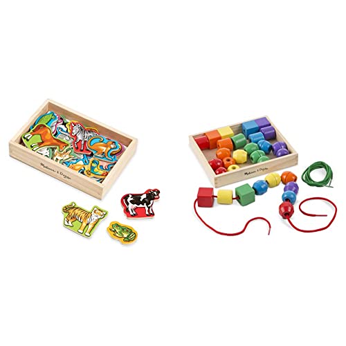 Melissa & Doug 20 Wooden Animal Magnets in a Box & Primary Lacing Beads - Educational Toy with 30 Wooden Beads and 2 Laces