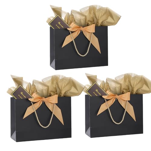 Image of Medium Gift Bags wit Tissue Paper and Gift Cards for Present,3Pcs Paper Bags with Handles for Girls Womens Men Birthday Party Christmas Wedding Thank You,Any Occation (Black)