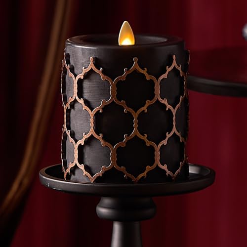 Image of Luminara Black Embossed Fretwork 3.5 inch x 4.5 inch Pillar, AA Battery Operated w /Timer Function, Flickering Flameless LED Light Real Wax Candle for Indoor Home Decoration, for Dining Room Table Centerpiece
