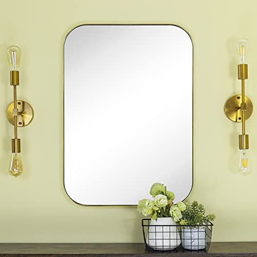 Vana Nala 24X36'' Brushed Brass Rounded Rectangle Bathroom Vanity Wall Mirror Gold Stainless Steel Metal Framedrectangular Bathroom Mirror, Vertical And Horizontal Hanging #TOP6