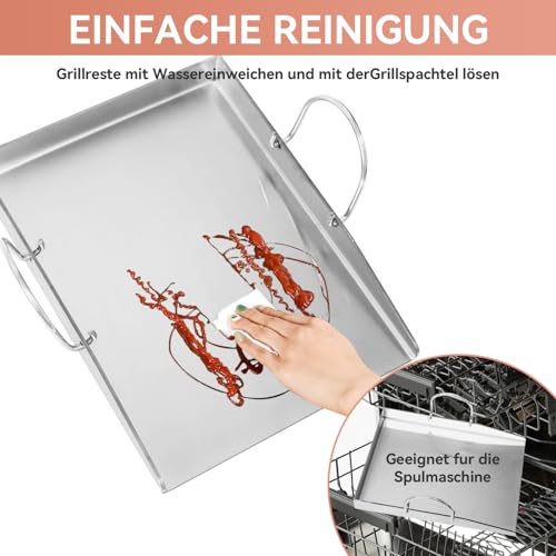 Edelstahl Grillplatte Plancha 40 x 30 x 4 cm mit 2 Grillspachteln, Abnehmbaren Griffen für Weber, Enders, Burnhard Ersatzteile Zubehör – BBQ Grillplatte für Gasgrill & Holzkohlegrill