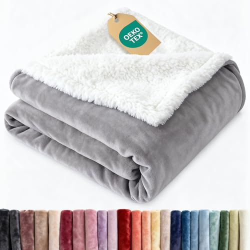 Sherpa Fleece Blanket Cal King Size - Reversible Blanket - Grey, 102" x 96"