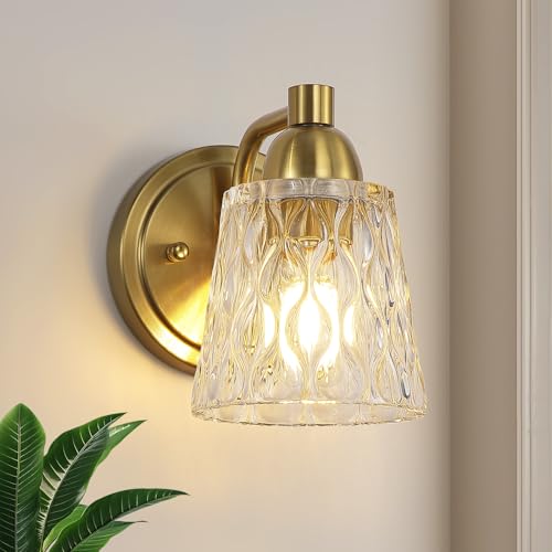 Image of Mecgirn Stainless Steel Bathroom Vanity Light Over Mirror, 1 Light Brushed Gold Bathroom Light Fixtures with Textured Glass Shades, Modern Vanity Lighting Wall Mount