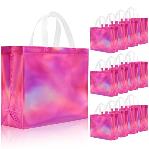 PHOGARY 15Pcs Reusable Gift Bags with Handle, Iridescent Glossy Pink Gift Bag Bulk, Goodie Grocery Shopping Bag for Birthday Wedding Bridal Bachelorette Party Favor Bags, Non-woven Fabric