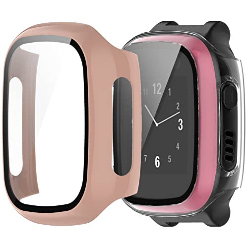 Screen Protector Compatible with Xplora X5 Play Case,PC Anti-Scratch Bumper Tempered Glass & All-Around Cover Shell Smartwatch Accessory for Xplora X5 Play for Kids (Clear+Pink)