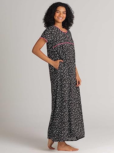 Image of Evolove Women's Cotton Long Maxi Night Gown Nighty Dress with Pocket & Stylish Button, Super Soft Comfortable (LNG-Button)