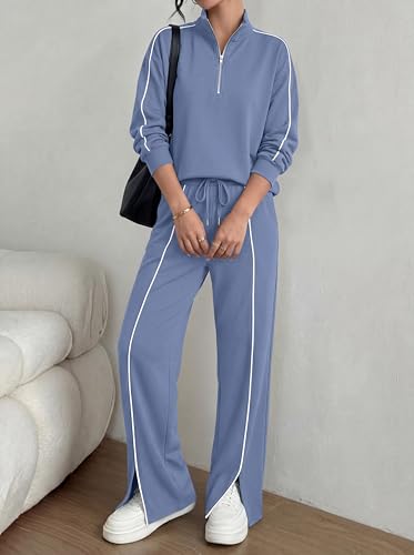 BTFBM Two Piece Sets for Women Fall Fashion 2026 Long Sleeve Half Zip Lounge Set Wide Leg Pants Vacation Airport Outfits (Grey Blue,Small) — view 3
