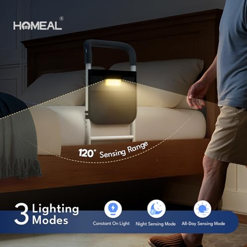 HOMEAL Bed Rails for Elderly Adults Safety, Adjustable Bed Assist Rail with Motion Light, 350lbs Heavy Duty Bedside Safety Cane with Storage Pocket & Fixing Strap, Fit Standard & Adjustable Bed (Grey) - Thumbnail 4