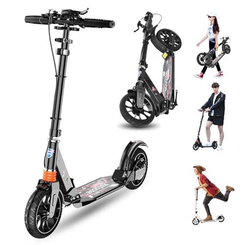 ZQHQKJ Big Wheel Scooter for Kids Ages 8+, Teens & Adults - Foldable Kick Scooter with Dual Brakes, Shock Absorption, Height-Adjustable Handlebar, Boys and Girls,Black