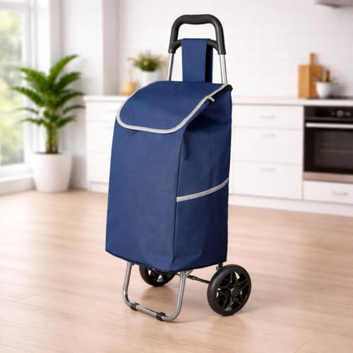Image of KriShyam Foldable Shopping Trolley Cart | Large Capacity Grocery Cart with Wheels | Durable Fabric Bag | Lightweight Portable Utility Cart for Shopping (2 Wheels + 2 Side Pocket-Blue)