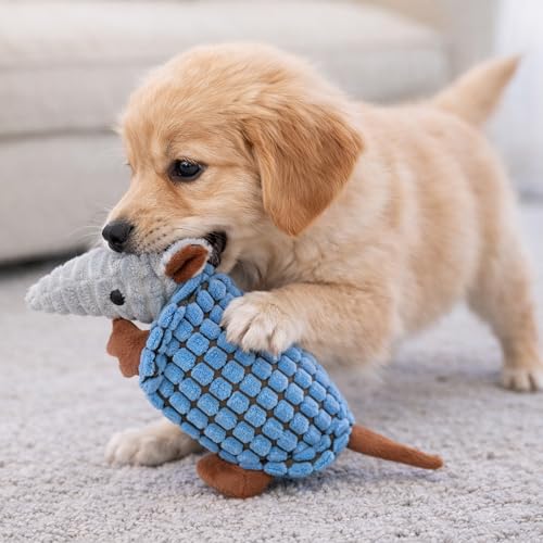 Image of Hollypet Plush Dog Squeaky Toy Stuffed Armadillo Animal Pet Puppy Chew Toys with Clean Teeth for Small Medium Large All Breed Sizes Dogs, Sea Foam, 8 in