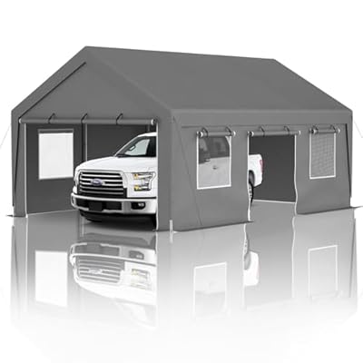 Thanaddo Carport 13'x 20' Heavy Duty Carport with Roll-up Sidewall and Ventilated Windows with Removable Sidewalls,Outdoor Portable Garage for Car,Truck,Boat,Car Canopy,Gray Carports