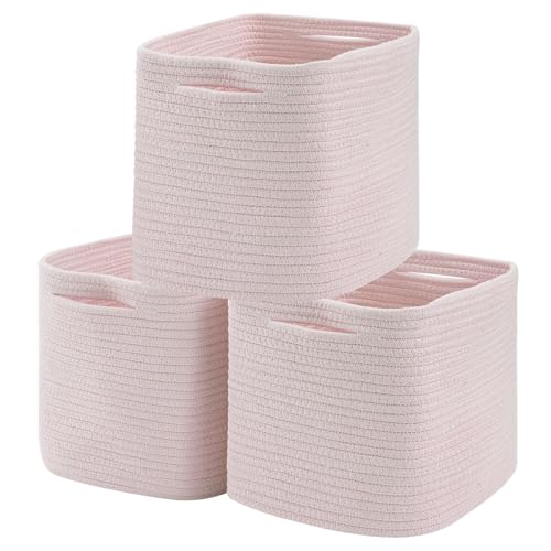 Image of HUZNXVY Cube Storage Bin 11" x 10.5" x 10.5" Cotton Rope Basket Square Woven Storage Basket for Shelves, Closet Organizer, Soft Towel Sock Basket, Pink, 3 Pack