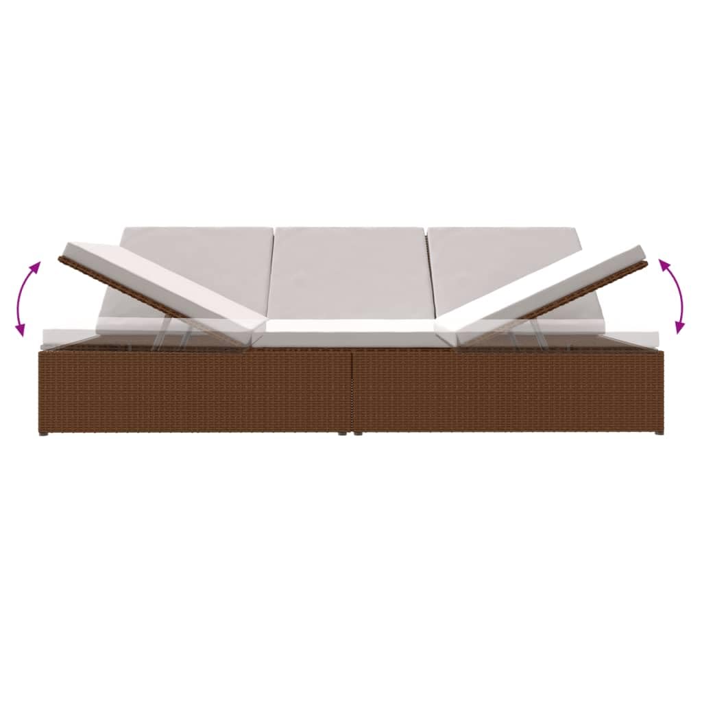 Leżak do opalania z poduszkami, polirattan, brązowy, 200 x 121 cm, łóżko ogrodowe i sofa, regulowany, z poduszkami, odporny na warunki atmosferyczne, na taras, balkon, basen, do wypoczynku