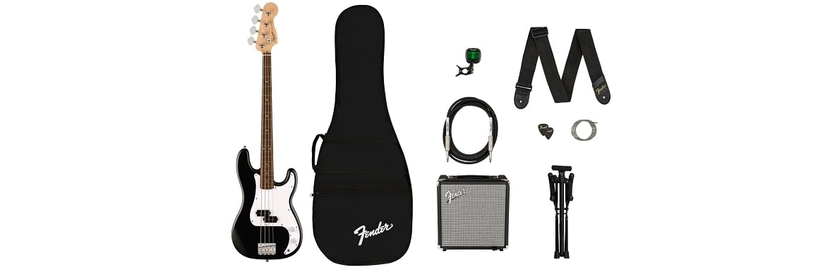 Squier by Fender Debut Collection Guitare électrique basse de précision Comprend Rumble 15 Amp, sac de transport, sangle, câble, médiators, accordeur, support, cordes supplémentaires + 3 mois