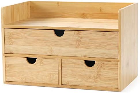 Wisuce 100% Original Bamboo Desk Organizer, Mini Bamboo Desk Drawer Tabletop Storage Organization Box for Office Home Toiletries Supplies Vanity, No Assembly Required (3 Drawer with Shelf)