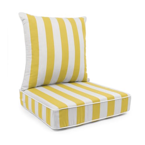 Sherry Kline Cabana Stripe Deep Seat Cushion Set, Reversible Outdoor Patio Replacement Cushions with Contrast Cord, Zippered Removable Seat Cover, 23x24x5 Seat + 25x25 Back, Made in USA - Yellow/White