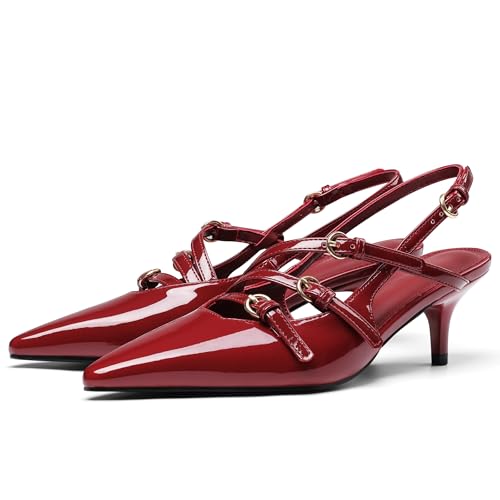 Oiamenne Slingback Kitten Heels for Women Pointed Toe with Buckle Strap Dress Work Heeled Pumps Shoes Stiletto Heels Sexy