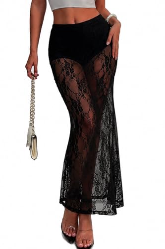 ELLEVEN Sheer Lace Maxi Long Flowy Skirt for Women Floral with Elastic Waist Casual Low Rise Sexy Boho Mermaid Summer Skirts Gothic Concert Festival Outfits Black Medium