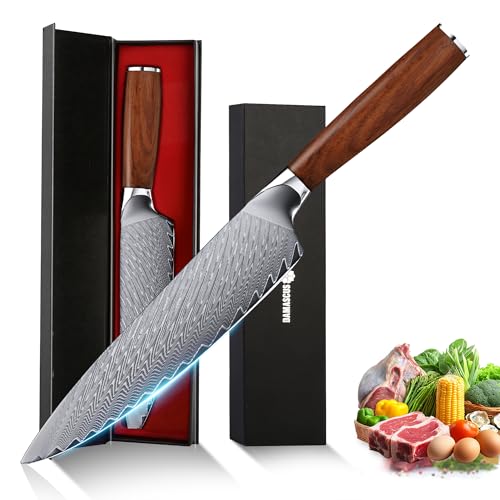 hoforife Couteau de Chef, Couteau Japonais Damassé 67 Couches avec Âme en Acier VG10 Haute Teneur en Carbone, Manche Ergonomique en Bois, dans son Écrin...